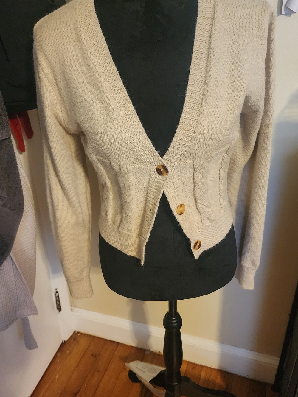 Women's Cream V-Neck Button Cardigan Sweater